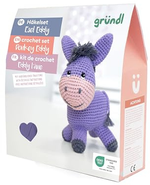 Gründl Häkelset Kuscheltier, Giraffe Gina, Esel Eddy, Robbe Robby oder Tiger Timmy, 14-18 cm, Komplettes Bastelset mit Anleitung (Esel Eddy)