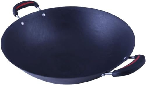 Wokpfanne aus Gusseisen, Wok aus Roheisen, antihaftbeschichtet, Nicht beschichtet, verdickter Gas-Wok aus Gusseisen mit Doppelohr und rundem Boden(38cm)