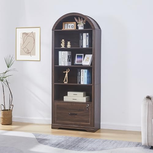 Regal mit Türen 70×30×177 cm, Bücherregal Bücherschrank mit 5 Ebenen und Schubladen, Vitrine Hochschrank für Wohnzimmer, Schlafzimmer, Büro, Weiß