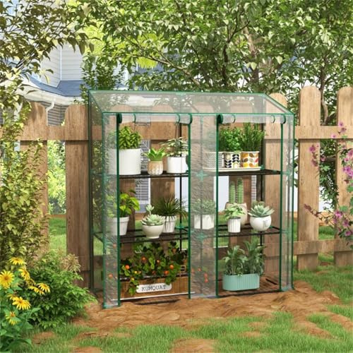 56.3 W x 18.1 D x 55.5 - 59.4 H Mini Greenhouse with 3 Tier Shelves,Lean-to Portable Garden Hot House with 2 Roll-Up Doors for Indoor Outdoor,Clear