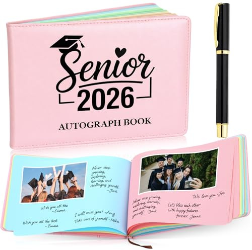 Gueevin Pink 2026 Graduation Autograph Book with Pen 96 Colorful Pages Senior 2026 Party Guestbook Guest Sign in Book Signature Message for High School Senior Nights College Grad Gift, 8.3 x 5.9 Inch