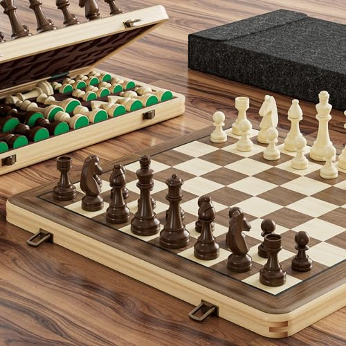 Magnetisches Schachspiel 15 Zoll (38 cm) – Klappbares Schachbrett aus Kiefernholz mit kaffeebraunen doppelseitigen Aufbewahrungseinlagen, 2 Ersatz-Damen & Staubschutzbeutel (Brown)