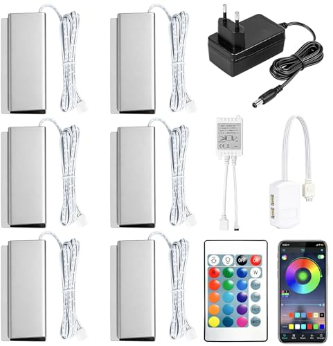Lot de 6 éclairages LED 5050SMD RVB pour bord en verre, vitrine, plancher en verre, clip avec bloc d'alimentation 12 V avec application contrôlable, pour vitrine, table