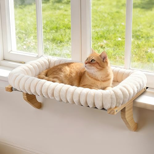 Zoratoo Cloud-soft Wooden Cat Window Sill Perch with Zipper Cushion,M White | Removable for Machine Wash, Fluffy Plush Bolster, Sturdy Metal Frame for Large Cats up to 40lbs, Easy to Adjust