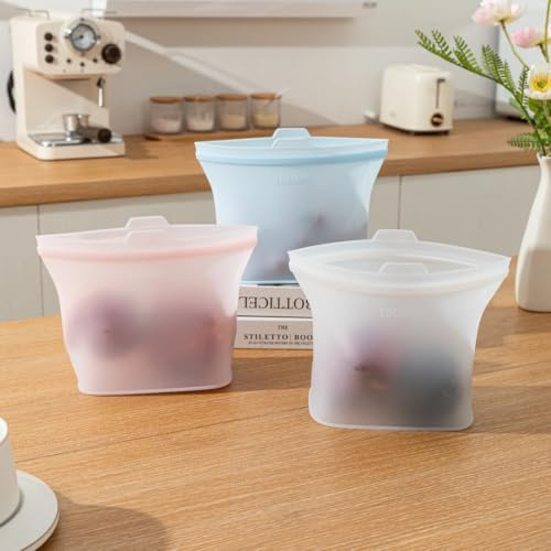 Reusable Silicone Food Storage Bags 3 Pack – BPA Free Leakproof Airtight Freezer & Microwave Safe Food Grade Silicone Bags, Dishwasher Safe and Reusable Bags for Food Storage- Pink,White and Blue