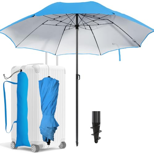 Menz Reise Sonnenschirm Strand Ø 160 cm, Blau | Funktioneller Reise Sonnenschirm UPF 50+ für Koffer, Praktischer Strandschirm klein faltbar, Strandschirm koffertauglich