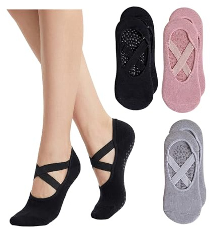 3 Pair Pilates Socks Non Slip Women,Grip Socks Pilates Kit,Grippy Sock Set | Girl Yoga Ballet Reformer Anti-Slip Home Dance Gymnastics Strappy Dot Crew,Exercise Fitness Sling Stoppersocken for Men Damen