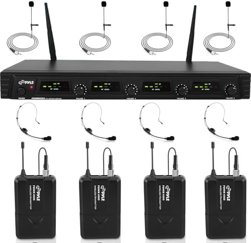 Pyle 4 Channel UHF Wireless Microphone System & Rack Mountable Base 4 Headsets, 4 Belt Packs, 4 Lavelier/Lapel MIC With Independent Volume Controls AF & RF Signal Indicators (PDWM4560)