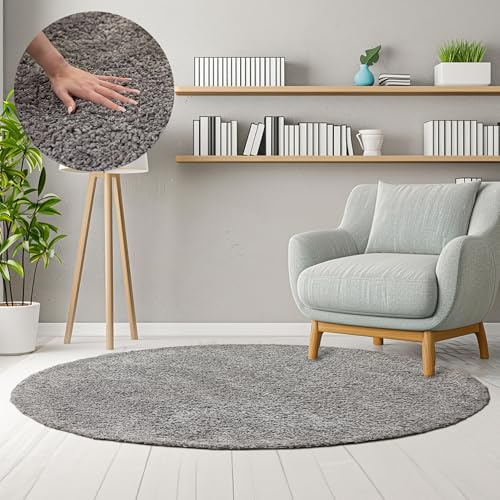 HomebyHome Teppich Rund Hochflor 120 cm Rund - Shaggy Runder Teppich Wohnzimmer Hellgrau Extra Weich und Flauschig - Waschbarer Langflor Teppiche für Schlafzimmer, Küche, Flur - Carpet, Halı, Kilim