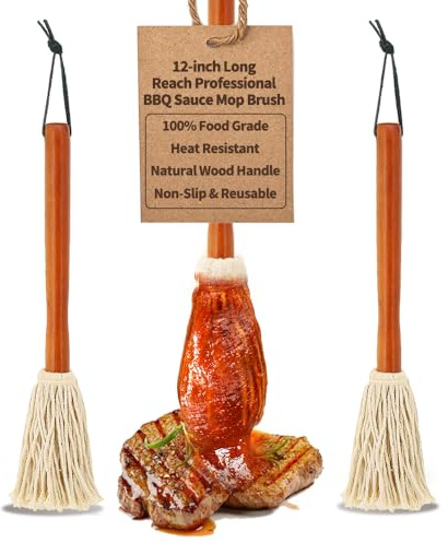 Grill-Mops-Zubehör zum Räuchern oder Grillen, zum Auftragen von Grill-Sauce, Marinade oder Mop-Sauce, saugfähiger Kopf aus 100 % Baumwolle, 30,5 cm Griff aus natürlichem Hartholz, spülmaschinenfest