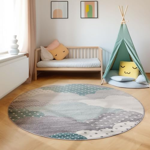 SIMPEX KinderTeppich, Wolken Design, Teppich Blau, 160 cm Rund