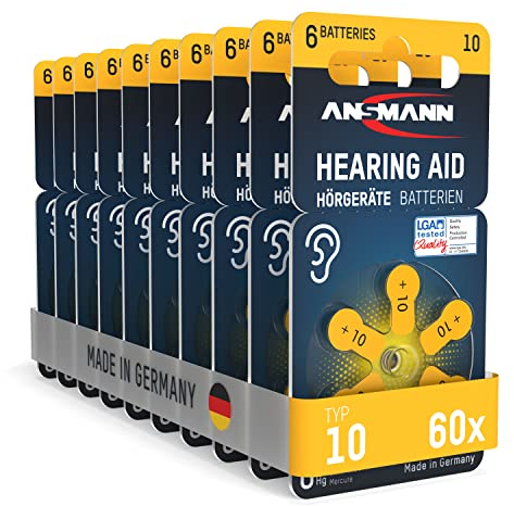ANSMANN Hörgerätebatterien Typ 10 gelb P10 PR70 ZL4, 60 Stück, Vorratspack, Batterien für Hörgeräte & Hörhilfen, leicht greifbar