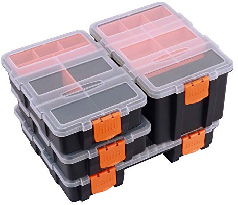 MIXPOWER 4 Piece Set Toolbox Hardware & Parts Organizers, Versatile and Durable Storage, Customizable Removable Plastic Dividers, storage and carry, Black/Orange