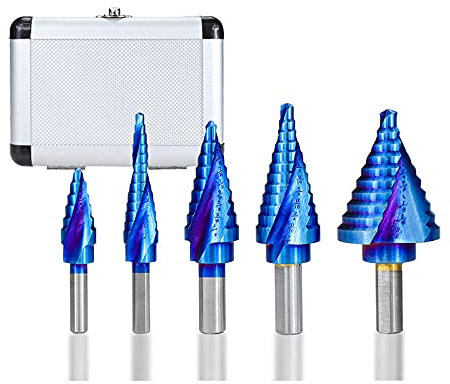 5pcs HSS Step Drill Bit Set Imperial Wood Metal Hole Cutter Nano Blue Coated Step Cone Drill Bit Spiral Hole Drill Bit