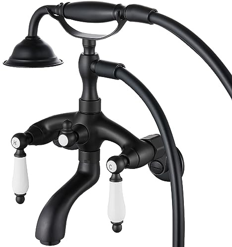 Midanya Clawfoot Rubinetto per vasca da bagno nero opaco Rubinetto doccia con doccia portatile Montaggio a parete Riempimento per vasca a 2 livelli con beccuccio per vasca Stile telefonico vintage