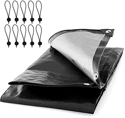 10 x 12 m Tarpaulin Waterproof Heavy Duty Cover Camping Ground Sheet Caravan Furniture Multipurpose + 10 Bungee Balls (Black – 235 GSM)
