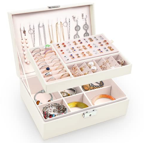 Larkumio Portagioie Donna Ragazza, Grande Porta Gioielli Bambina in Pelle PU a 2 Strati Scatole Portagioielli Cofanetto per Collane, Orecchini, Bracciali (Bianco)