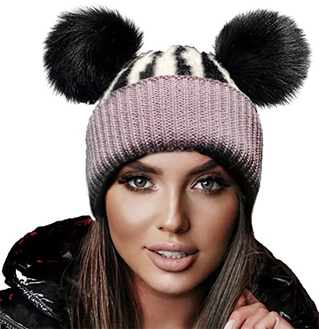 4sold Miki Bonnet d'hiver en laine tricotée avec 2 pompons - pour femme et fille - pour le ski et le snowboard (coloré), taille unique