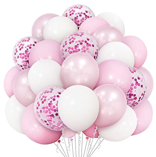 Eitolo Pink & White Balloons - 50pcs 12 Pink Confetti Balloons for Birthday, Wedding, Christening & Baby Shower Parties