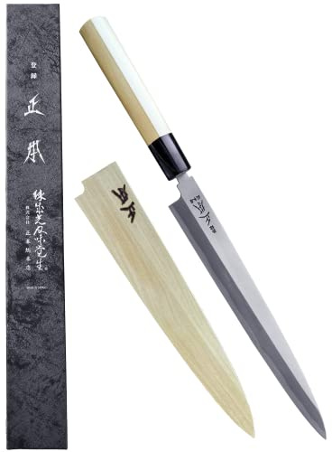 MASAMOTO KS Japanese Yanagiba Sushi Knife with Sheath 9.5 (240mm) [HONBAZUKE] Made in JAPAN, Professional Sashimi Knife, Ultra Sharp Japanese Carbon Steel Blade, Wood Wa Handle, Black Ferrule