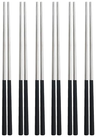 6 Paia di Bacchette da 23 cm in Acciaio Inossidabile 304 Quadrato Bacchette in Metallo Argento Cinese Bacchette riutilizzabili Utensili da Cucina (Color : Black Silver)