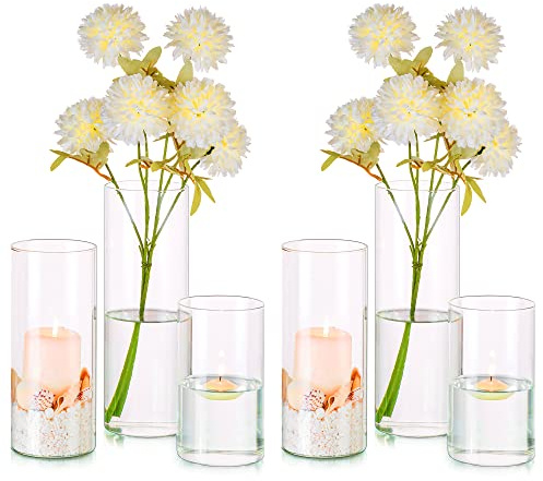 Hewory Cylindervaser i glas - 6 st, hög cylindervas i klarglas för blommor, ljushållare för kronljus, blomvas för bordsdekoration för bröllop, 15/20/25cm