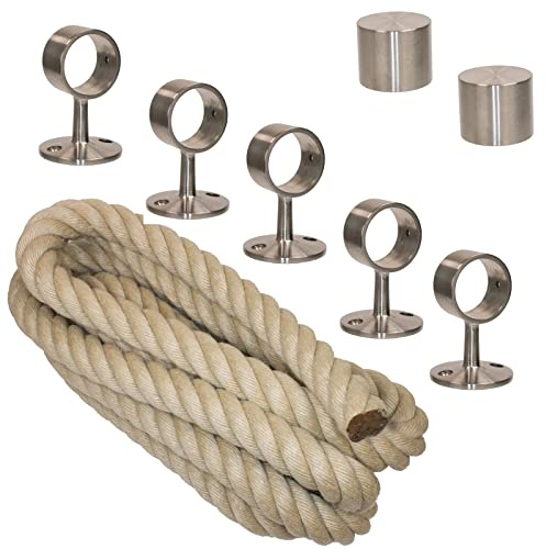 Handlaufseil Set Ø 40 mm – 5 m Nature Touch Polyhanf naturfarben – UV- & witterungsbeständig – inkl. 2 Endkappen, 5 Edelstahl-Seilträgern sowie Schrauben und Dübel – für Treppen und Geländer