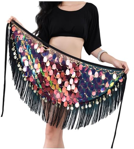 Baisdan Belly Dance Hip Scarf with Sequin Tassels, Sparkly Sequin Fringe Skirt for Women, Festival Outfit, Rave Performance Accessory Black