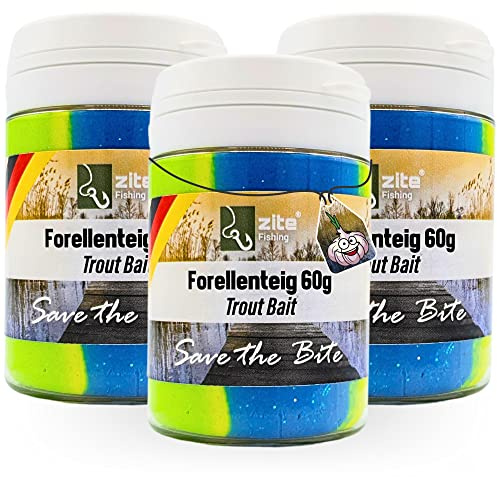 Zite Fishing Forellenteig-Set mit Knoblauch-Aroma 60g – Fängige Forellenpaste Schwimmend als Forellenköder Neuheiten – Trout Bait Teigköder in knalligen Neonfarben mit Glitter - 3 Stück Forellen Köder