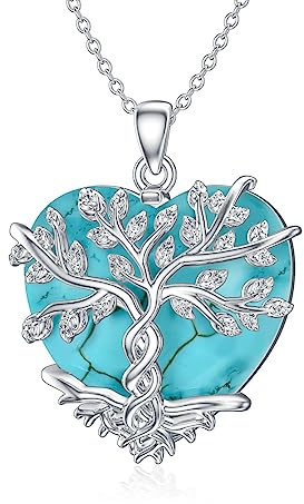 BETHZA Collana da donna con ciondolo a forma di albero della vita turchese, in argento Sterling 925, con gemma turchese a forma di cuore, gioiello regalo per moglie, Argento sterling, Turchese