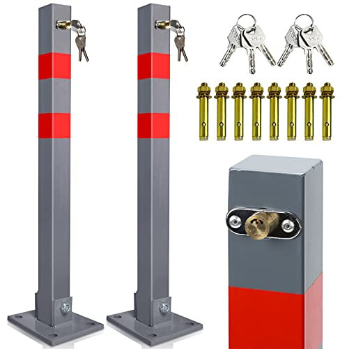 Sonnewelt 2x Parkpfosten Parkplatzsperre mit 3 Schlüsse, Parkplatzsperren mit Reflexstreifen, Klappbar Absperrpfosten, Stahl Robust Standfuß Stabil Park Poller