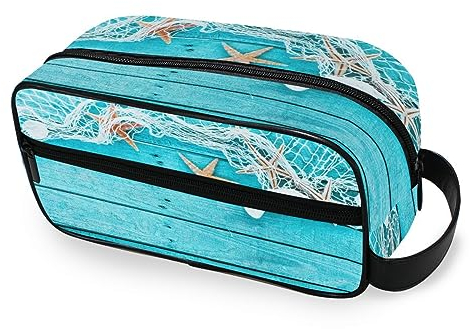Tragbare Kulturtasche Muscheln Seestern Türkis Blau Holz Reise Waschtasche Multifunktions Kosmetiktasche Make-up-Tasche Aufbewahrungstasche für Frauen Männer Jungen Mädchen, multi