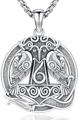 Aniu Thors Hammer Halskette Silber 925 Herren Wikinger Thors Hammer Kette Männer Mjölnir Halskette mit Odins Raben Thors Hammer Anhänger Wikinger Schmuck Thors Hammer für Männer Herren