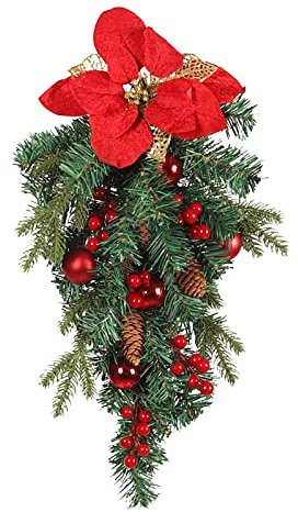 Garland and Wreath Pared Navidad Bayas con cinta Puerta exterior Escaleras Dintel Rojo Colgante artificial Lágrima Decoración Festival Para vacaciones Puerta Navidad Recogedor Persiana (A, One Size)