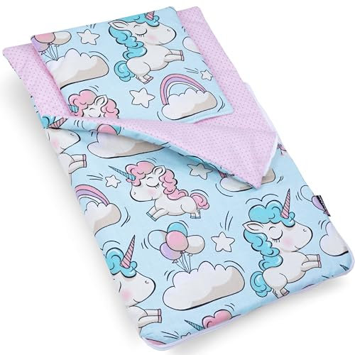PinkZebra Puppenschlafsack 2-teiliger Set für große Puppen bis 48 cm, Puppenschlafsack mit Kissen für Puppenbett, Puppenbettzeug beidseitig, aus Baumwolle, Einhorn