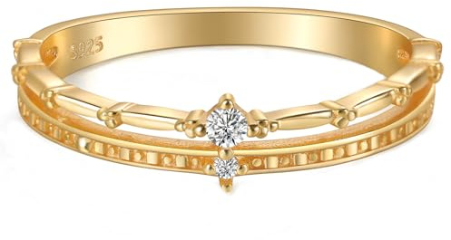 AIBELOPY Double Layered Crown Sterling Silver Ring for Women Cubic Zirconia Rings 14K Gold Plated Rings Engagement Wedding Ring Promise Rings for Her Dainty Stackable Rings Jewelry Birthday Gifts,
