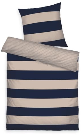 TOM TAILOR Renforcé-Bettwäsche, 80x80 cm + 155x220 cm, 100% Baumwolle/ Renforcé, mit Wendemotiv und farbigem Markenreißverschluss, BOLD STRIPES Blau, Beige (Dark Navy & Sunny Sand)