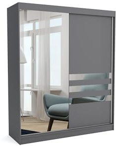 Brent - Kleiderschrank mit Spiegel Henry, 160cm Breit, Schlafzimmerschrank mit 1 Kleiderstange und Einlegeböden für Kleidung, Kleiderschrank Grau