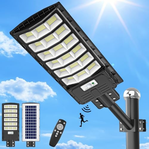 papasbox Lampadaire solaire LED 600W avec télécommande | 6500K à énergie solaire avec détecteur de mouvement | Éclairage de chemin extérieur IP65 waterproof solar light for roads, yards, gardens