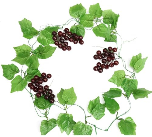 Kiuiom Uvas Artificiales de Plástico,Decoración De Frutas Artificiales,UVA Fruta Falsa 2PC Enredaderas Artificiales + 6 Brochetas De UVA para Hogar Cocina Fiesta Fotografía Decoración De Boda