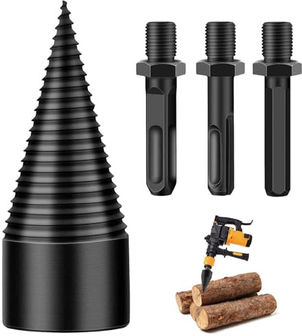MONCAP Bohrkegel Holzspalter 32mm Holzspalter Schraube Kegel Spaltholzkegel Holzspalterbohrer Brennholz Kegelbohrer Set mit 3 Bohrgriffe für Bohrmaschine Holz Elektrischer Holzspalter