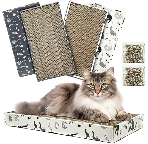 2x CORRUGATE Cat Scratching Board with CATNIP - Cat Scratcher for Indoor Cats, Box Scratch Pad, Cardboard, Bed, Reversible, Cleaner, Safe for Paws (White/Grey (Pack of 2), Animal Print)
