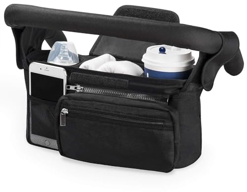 Baby Pram Bag Stroller, Baby Stroller Organizer Bag, Pram Bag with Detachable Phone Case & Shoulder Strap, 2 Insulated Cup Holders, Universal Pushchair Organiser, Non-Slip (Black)
