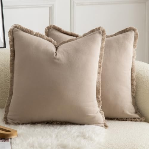 Mandioo 2er Set neutralen Baumwolle Quasten Kissenbezug 45x45cm Dekorative Kissenbezüge Dekokissen Boho Sofakissen Kissenhülle für Couch Sofa Schlafzimmer Wohnzimmer Heimdekoration TaupeName