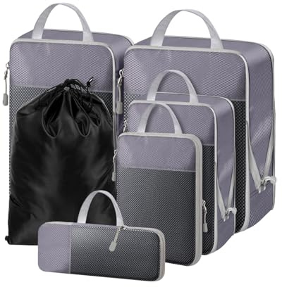 NMNGB Kompressions-Packwürfel für Handgepäck-Koffer, 6er-Set Reisegepäck-Packorganizer-Tasche mit Netz, erweiterbare Reisetasche, Multifunktions-Organizer, Grau
