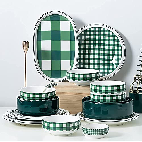 MOKLYF Juego de vajilla de Cocina, Juegos de vajilla de cerámica, Juego de vajilla Resistente a Las astillas con Cuadros Verdes/vajilla combinada de Porcelana: Platos/(