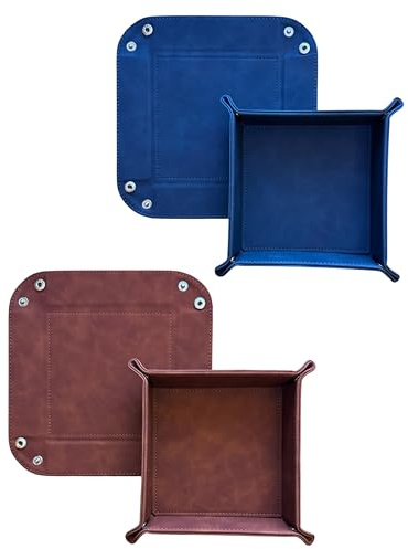 DELALO 2er-Set faltbare Leder-Würfelunterlagen (16 x 16 cm), viereckige Taschenleerer für Schlüssel, Handy, Kopfhörer, Kleinteile, Schmuck (Blau - Braun)