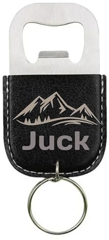 Porte-clés en acier inoxydable avec logo personnalisé en cuir synthétique gravé au laser, décapsuleur, porte-clés vintage rétro (noir)
