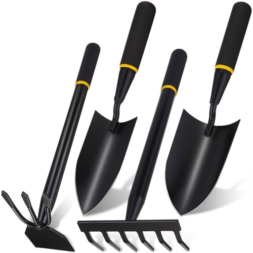 Leriton 4 Pcs Garden Tool Set Gardening Trowel Transplanting Shovel Hand Cultivator Rake Hoe Tiller Tool Heavy Duty Stainless Steel for Outdoor Patio Use Gardening Cultivating Loosening Weeding