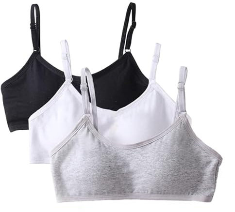 SEFIRST 3 Pezzi Reggiseno da Allenamento Ragazze, Reggiseno Senza Cuciture per Ragazze Cotone Sportivo Intimo con Fisso Torace Pastiglie e Spallacci Regolabili per 10-14 Anni (Nero, Bianco, Grigio)